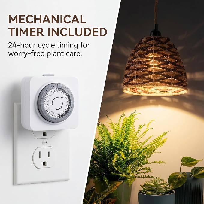 Hanging Grow Light, 30W LED Lamp with Timer for Indoor Plants | 4000K LED plant lamp with 15 ft cord, outlet timer, and boho paper rope shade for succulents, herbs, and low-light rooms.