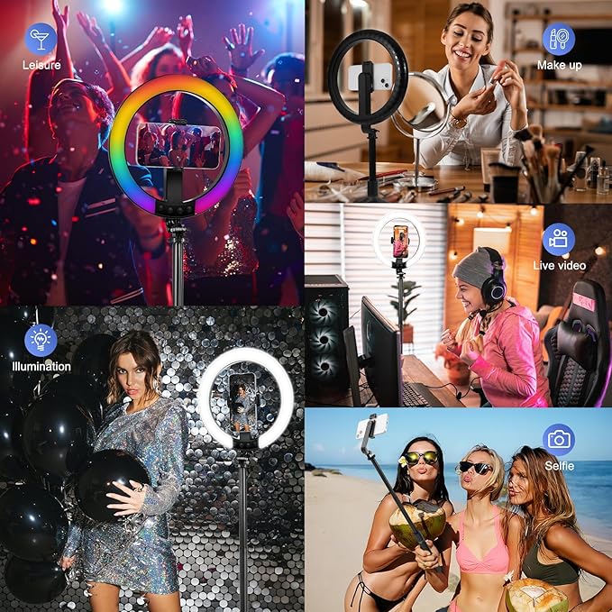 10" Selfie Ring Light with 74" Tripod Stand, RGB Full Color Modes Selfie Light with Extendable Tripod, Phone Holder, iPad Holder, Remote for iPhone & Android,TikTok/Makeup/Photography/Vlog