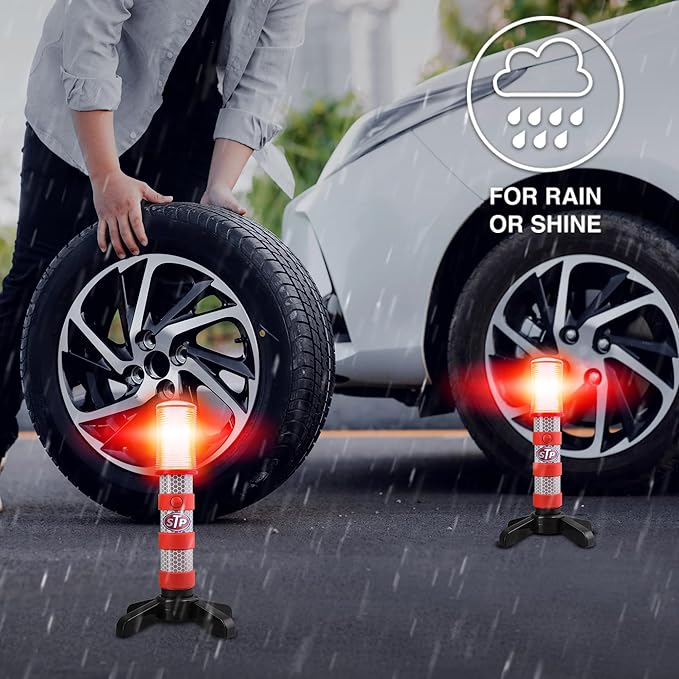 XTREME STP LED Road Flares, 3 Alert Lighting Modes: Flashing Red, Solid Red & White Flashlight, Emergency Flares for Vehicles, Visible From Up To A Mile, Foldable Stand/Built-In Magnet Sticks To Car