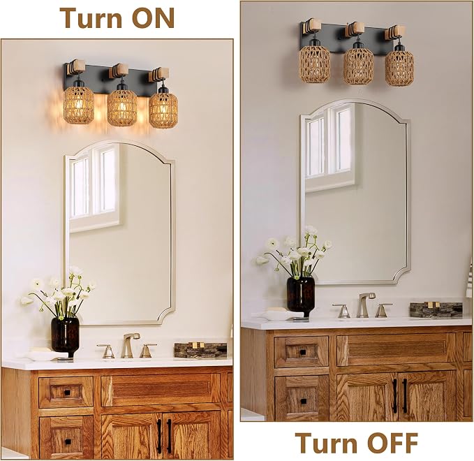 LmnLvn 3-Light Bathroom Vanity Light, Boho Farmhouse Rattan Handwoven Shade | Wood & Metal Frame, Rattan Vanity Light Design, Mounted Over Mirror, Easy To Install for Restroom, Bedroom & Hallway