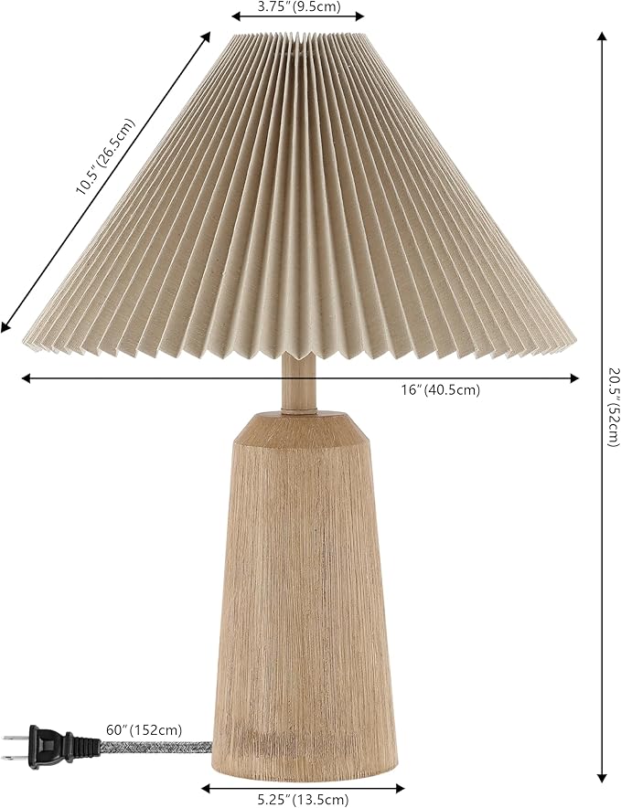 JONATHAN Y 20.5" Beige Wood Finish Rustic Scandinavian Lighthouse LED Table Lamp, Mid-Century Resin Bedside Light with Pleated Linen Shade, LED Bulb Included JYL1146A