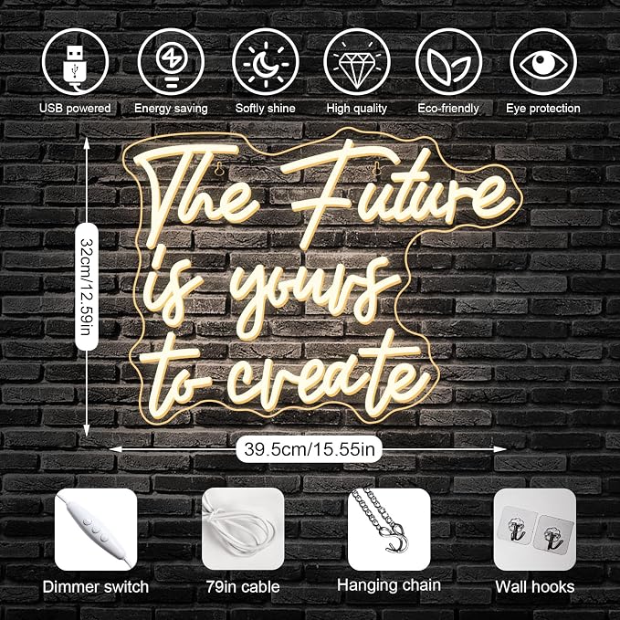 Horseneon The Future is Yours to Create Neon Led Sign, Letters Neon Signs for Wall Decor, Warm White Classroom Neon Light Sign with USB Powered for Classroom Bedroom, Windows, Living Room, Office, Children's Room