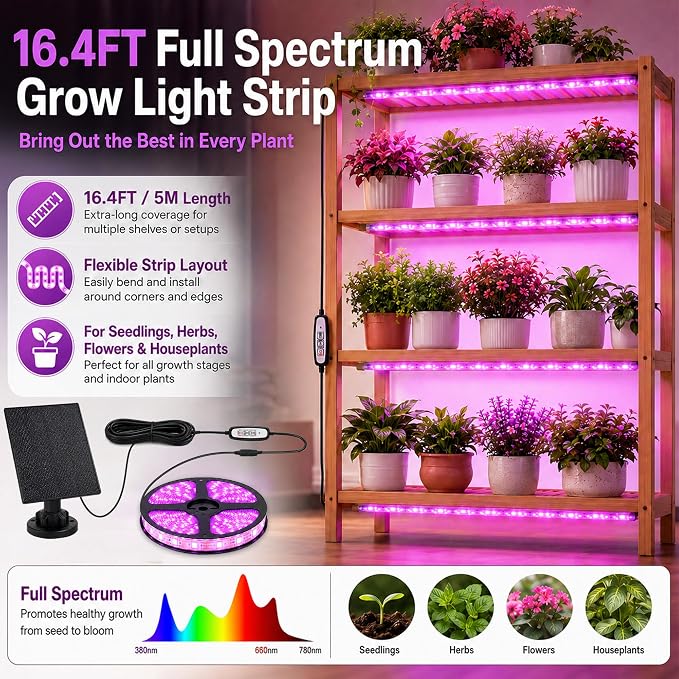 16.4FT Solar Grow Light Strip for Indoor Outdoor Plants | with Full Spectrum LED Waterproof Plant Growing Lights & 16.4FT Power Cord, Solar Panel, 2/4/8H Timer, for All Growth Stages