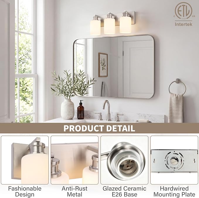 3-Light Bathroom Light Fixtures, Brushed Nickel Vanity Light Over Mirror | Modern Vanity Lights for Bathroom with Milky White Glass Shade, Wall Lamp for Kitchen Bedroom Hallway Living Room, 16.5 Inch