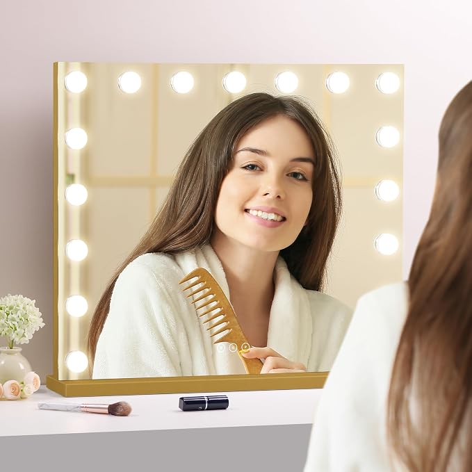 Vanity Mirror with Lights 23.6''x20.5'' Makeup Mirror with Lights Lighted Up Mirror with Dimmable Bulbs,3 Color Lighting Modes,USB Charging Port Touch Control Design Gifts for Women Gold
