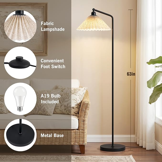 Floor Lamps for Living Room & Bedroom, 63" Modern Tall Standing Lamp, 3CCT | Rustic Pole Lamps for Home Office, Classroom, Bedside, Pleated Lampshade, Foot Switch, Easy Assembly (Bulb Included)