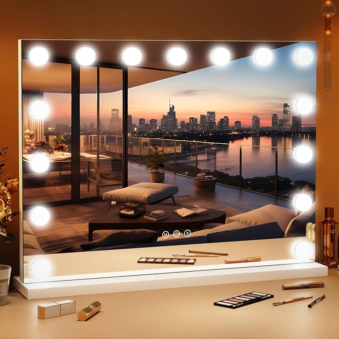 ROLOVE 23"x18" Hollywood Vanity Mirror with Lights, 15 Dimmable LED Bulbs, led Makeup Mirror with 3 Color Modes, Lighted Vanity Mirror for Tabletop or Wall-Mounted