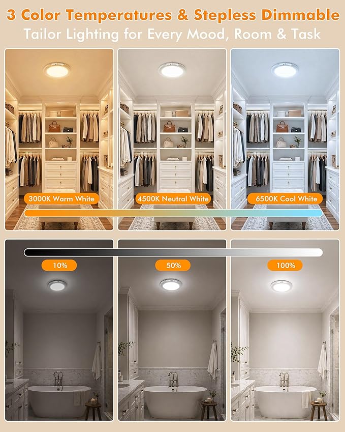 Rechargeable Ceiling Light 6 Pack, Magnetic Motion Sensor with Remote | Wireless Dimmable Battery Operated LED Ceiling Lights for Closet Shower Bathroom Hallway Pantry Shed Porch Stairs
