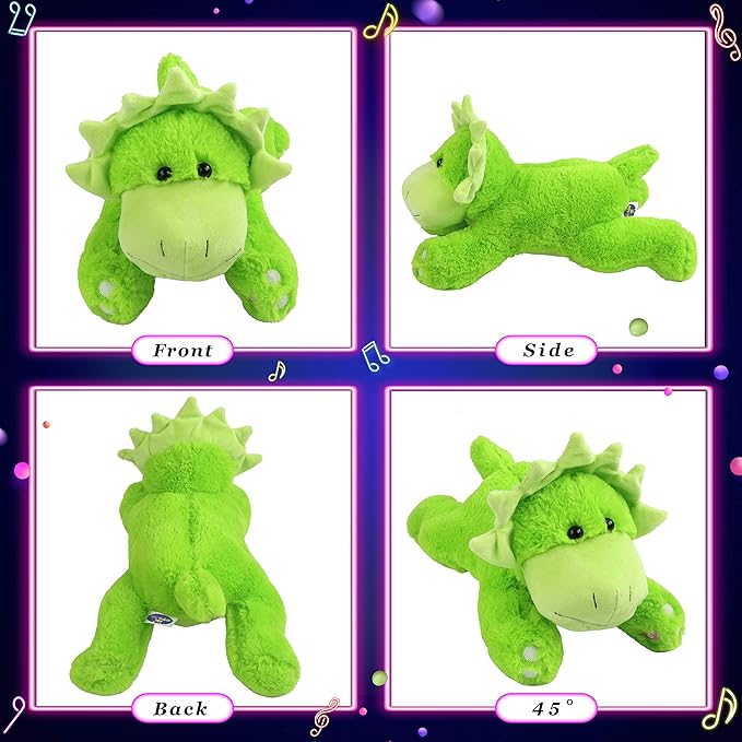 Glow Guards 15'' Light up Music Green Dinosaur Stuffed Animal Singing LED Triceratops Soft Plush Toy Pillow with Night Lights Birthday Children's Day Gifts for Toddler Kids