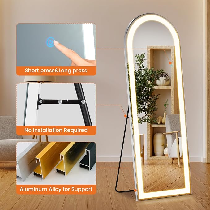 Arched LED Mirror Full Length, 63x20 Inch Tall Floor Mirror Body Mirror | Free Standing Floor Mirror with Aluminum Frame Accent, 3 Color Lighting for Home Decor, Bedroom Decor and Cloakroom