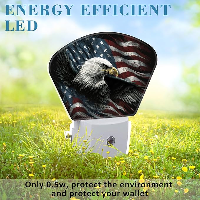 American Flag and Bald Eagle Night Light, USA Flag Nightlight Plug into Wall with Dusk to Dawn Sensor for Kid Girls Boys Women Men Bedroom, Hallway, Kitchen, Bathroom, Stairs Decor
