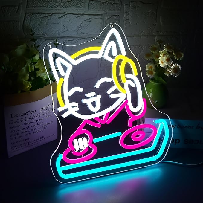 DJ Cat Neon Sign for Wall Decor Dimmable DJ Cat Neon Light for Man Cave Music Birthday Gifts for Lovers LED Rock Sign for Music Room Record Studio Bedroom Bar Party 13.6 * 11.8In (WZCP220)