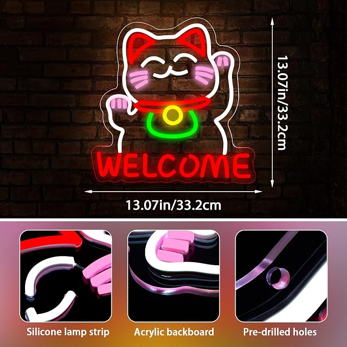 Welcome Cat Neon Sign for Wall Decor Lucky Cat Neon Light for Japanese Cave | Dimmable Neon,Birthday Japanese Gifts,Led 5V USB Powered,Bar,Resturant,Party,Pub Decor,Business Shop Wall Art,13*13in