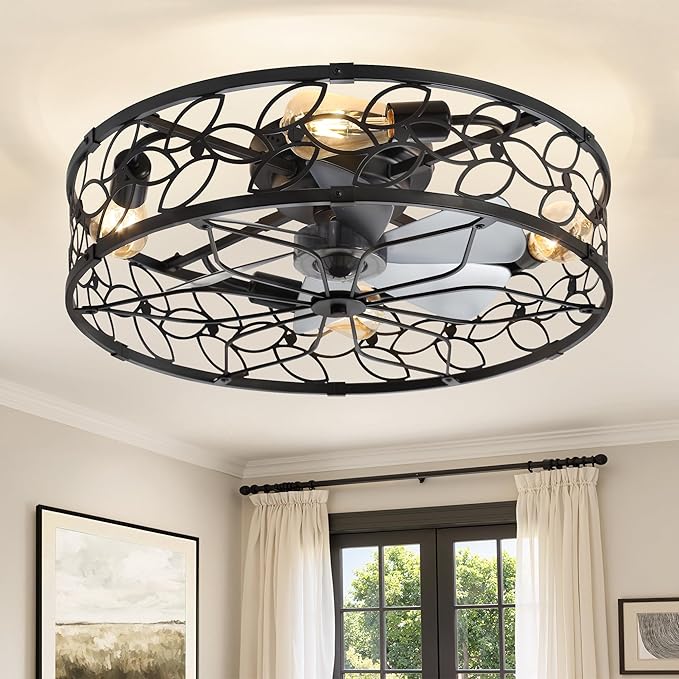 LEDIARY 23" Caged Ceiling Fan with Light, Flush Mount Fandalier with Remote | Low Profile, Farmhouse Large, Bladeless Industrial, Quiet DC Motor, App Control for Bedroom, Kitchen, Dining Room, Black