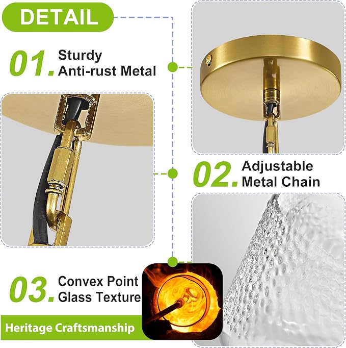 Gold Pendant Lights Kitchen Island with 9.84in Hammered Glass Shade 1Pack | Handcrafted Glass Pendant Light Fixtures, UL Certified, E26 Base 100W Max, Height-Adjustable, Dimmable Hanging Pendant Light