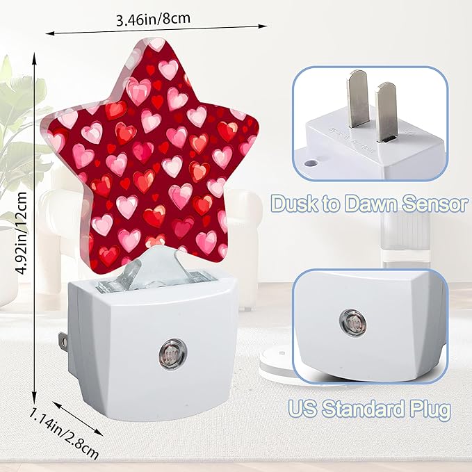 Night Light,Red Pink Love Heart Plug into Wall with Dusk to Dawn Light Sensors,Cute Hearts Warm Star Nightlights for Bedroom,Bathroom,Hallway,Kitchen Home Decor Desk Lamp