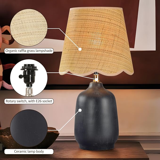 Set of 2 19" Modern Ceramic Table Lamp for Living Room Cream Base Desk Lamps for Bedroom Farmhouse Bedside Nightstand Lamp End Table Lamps,Black,Rattan Shade