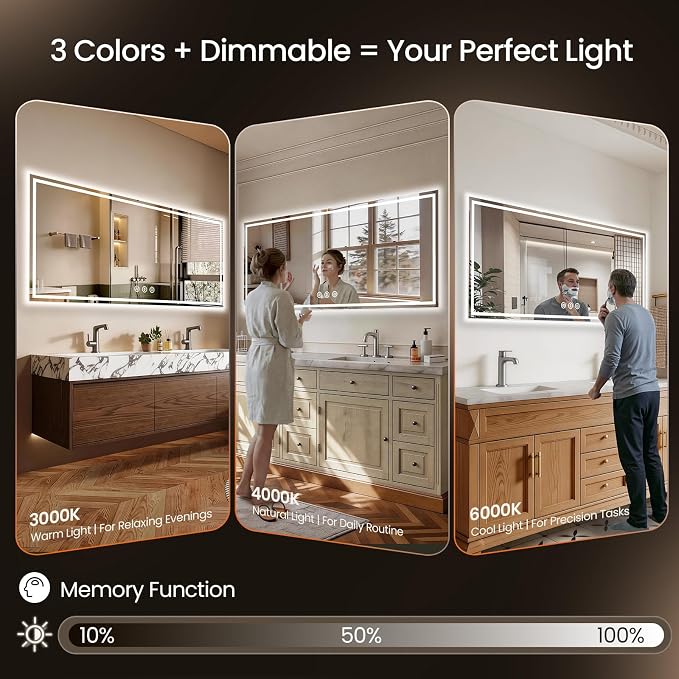 72x30 LED Bathroom Mirror with Anti-Fog, Backlit & Front Lit, Memory | Stepless Dimmable 3 Color CRI 95+ Shatterproof Tempered Glass ETL Listed for Safety Lighted Bathroom Vanity Mirror for Wall