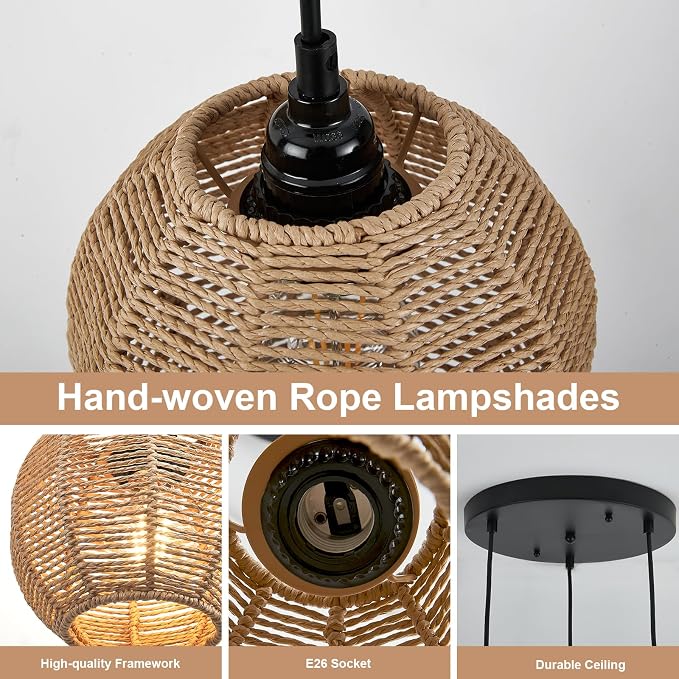Round 3 Light Boho Pendant Light Rattan Hanging Lamp | Hand Woven Wicker Small Chandelier Hanging Lights Fixture for Bedroom Kitchen Hallway Foyer