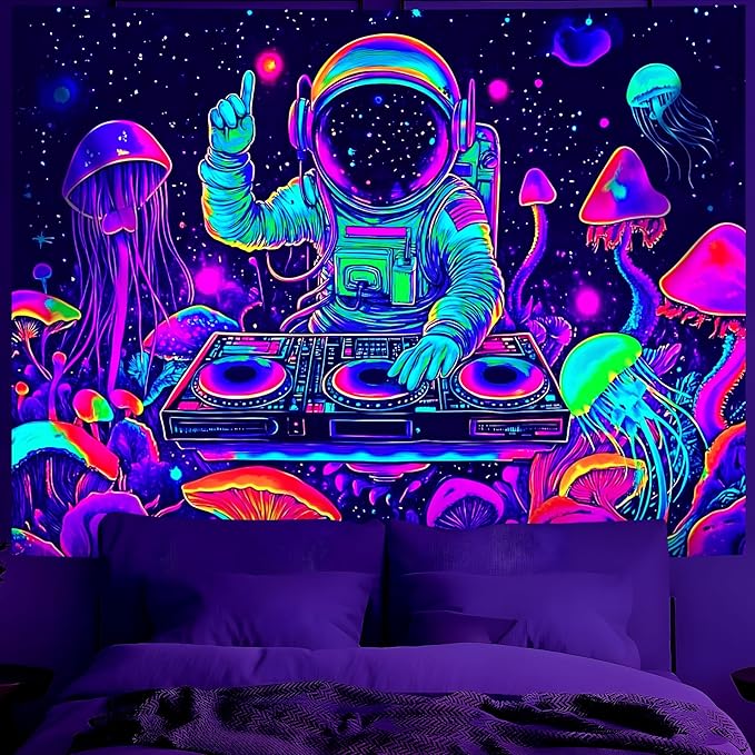 BVBOX Blacklight Space Astronaut Tapestry UV Reactive Galaxy Planet Glow in Dark Tapestries Black Light Poster Neon Wall Hanging Art for bedroom Living Room (Astronaut DJ 1-3M)