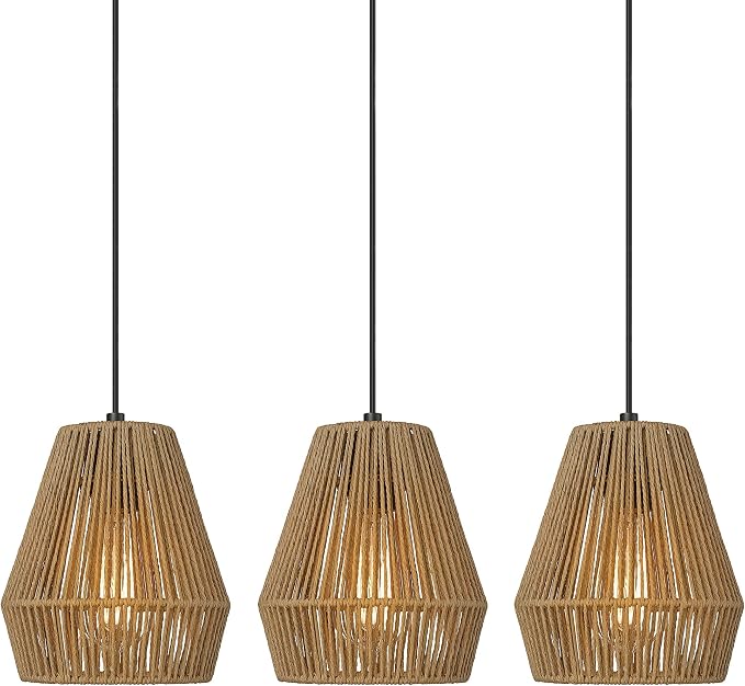 ELYONA 3 Pack Japandi Woven Pendant Lights 7” Modern Boho Hanging Lamp with Handwoven Rattan Shade, Adjustable Farmhouse Coastal Pendant Light Fixtures for Kitchen Island,Dining Room,Bar, Hallway