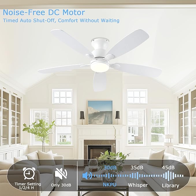 52inch Ceiling Fans with Lights, Low Profile White Ceiling Fan with Light and Remote/APP Control, DC Reversible Motor, Noiseless, Flush Mount Ceiling Fan for Bedroom Living Room Patios