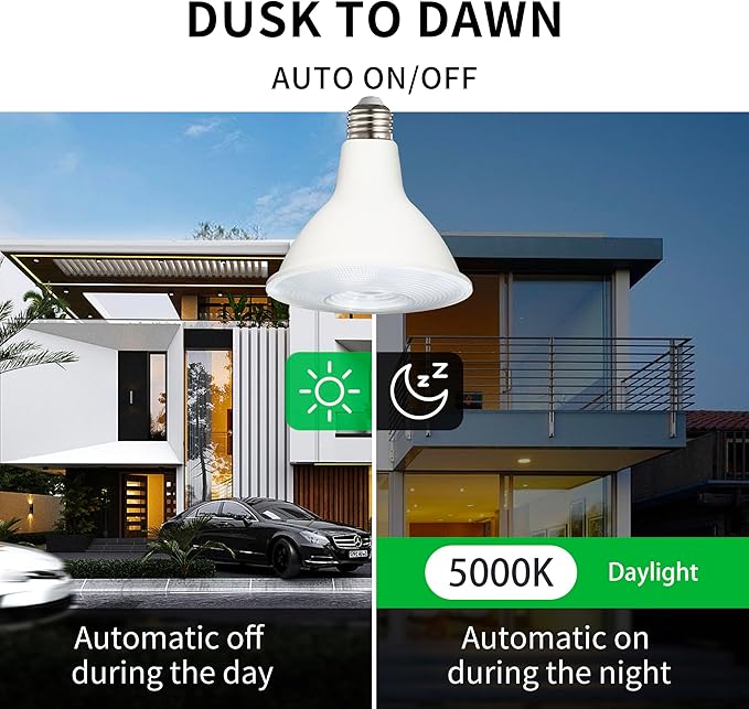 PAR38 Dusk to Dawn LED Flood Light Bulbs, Daylight White 5000K, 150W Equivalent 17W, 1700LM, Auto On/Off Light Sensing Outdoor Light Bulb, 2 Pack, Non-Dimmable, HQ-H033