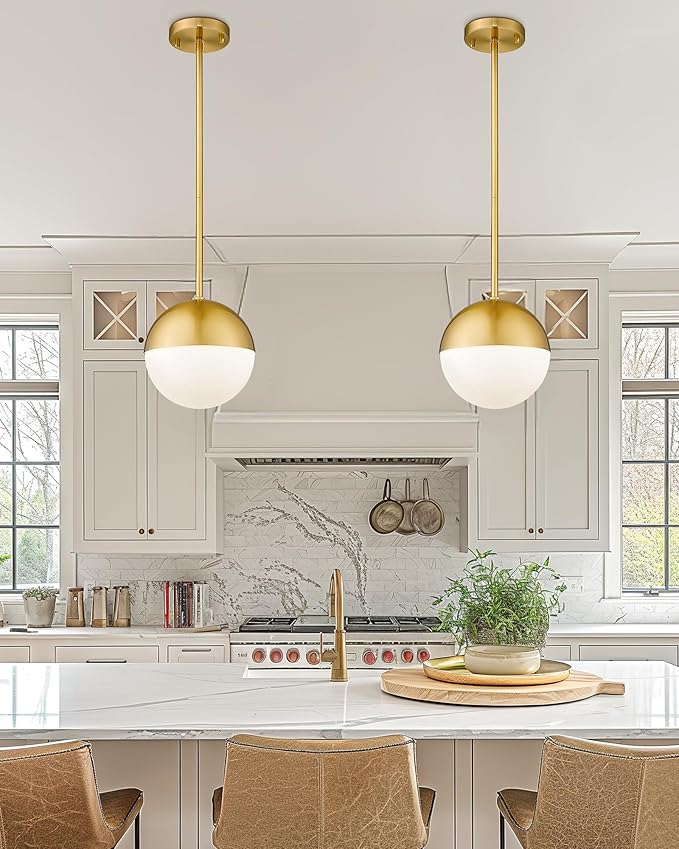 8 Inch Mid Century Pendant Lights, Brushed Gold Kitchen Island Light Fixtures with White Globe Glass Shade, Adjustable Hanging Rod, 3-Pack for Home Office Dining Room Bathroom, LMS-186BG3PK