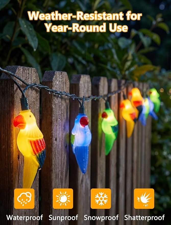 10 LED Tropical Beach Parrot Lights, 8.5Ft Camping String Lights Outdoor | Plug in, Connectable, 10 Multicolor Bird, Hanging Fairy Lights, Summer Hawaiian Decoration for Outside Party Home Decor