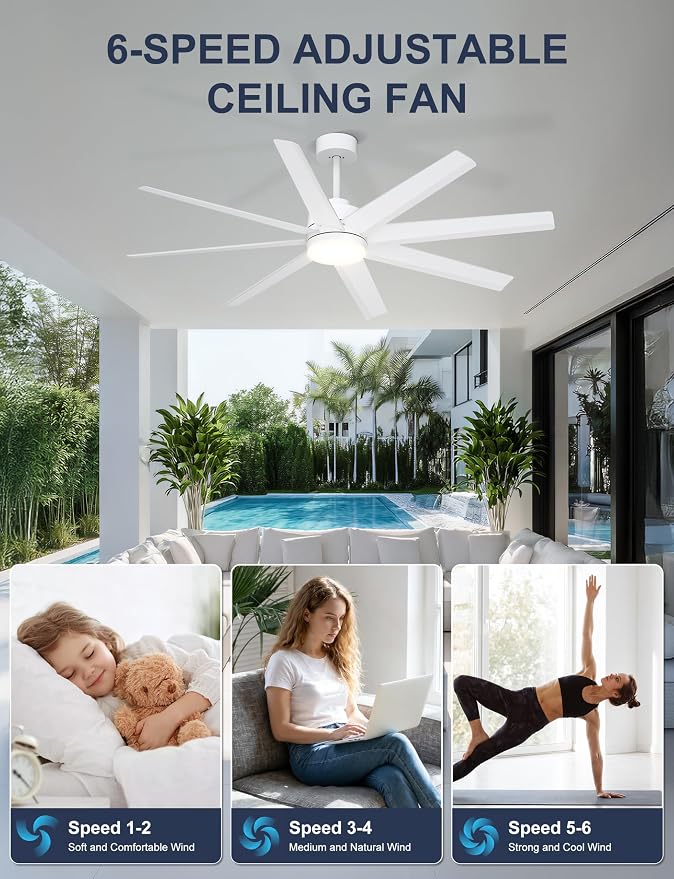 Ohniyou 60" White Ceiling Fan with Light for Patio, Porch, Living Room | Remote/App Control, Quiet DC Motor, 3CCT Dimming, Modern Covered Outdoor Fan with 8 ABS Blades