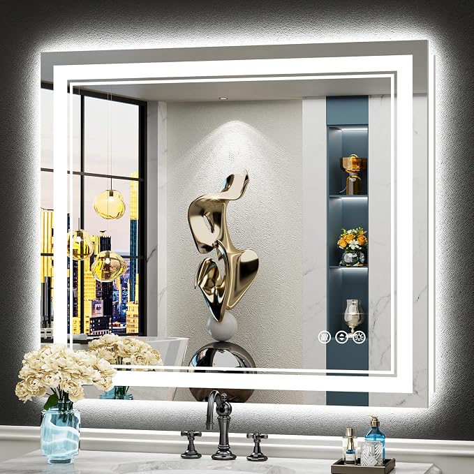 32x36 LED Bathroom Mirror, Backlit & Front Lit Lighted Mirror | Anti-Fog Vanity Mirror with Lights, 3 Color Dimmable, Memory, HD Tempered Glass, CRI95, IP54, UL Listed, Horizontal/Vertical