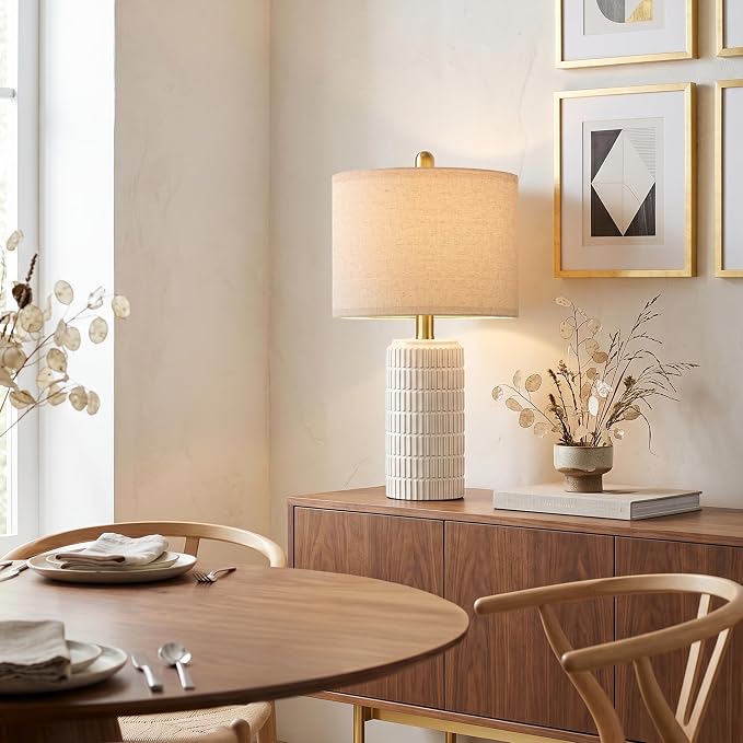 PoKat 21'' Modern Ceramic Table Lamp with Gift Box, White for Bedroom,Small | Bedside lamps for nightstands, gold pole design, farmhouse home decor for living room, ideal housewarming gift for women
