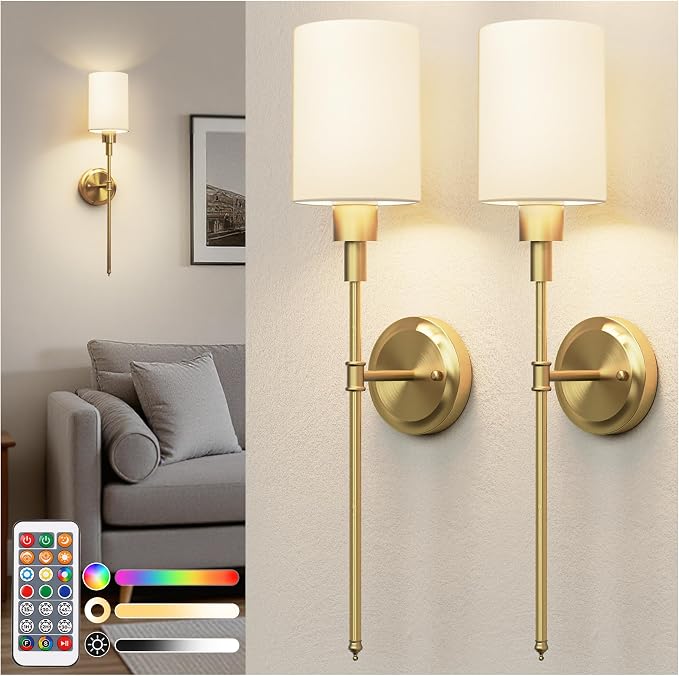 Battery Operated Wall Sconce: Set of 2 Wireless Wall Lights with 12000mAh | 15 Color Rechargeable Wall Sconces, Not Harwired Sconce Wall Decor Set of 2 for Bedroom, Living Room, Gold 24.3in
