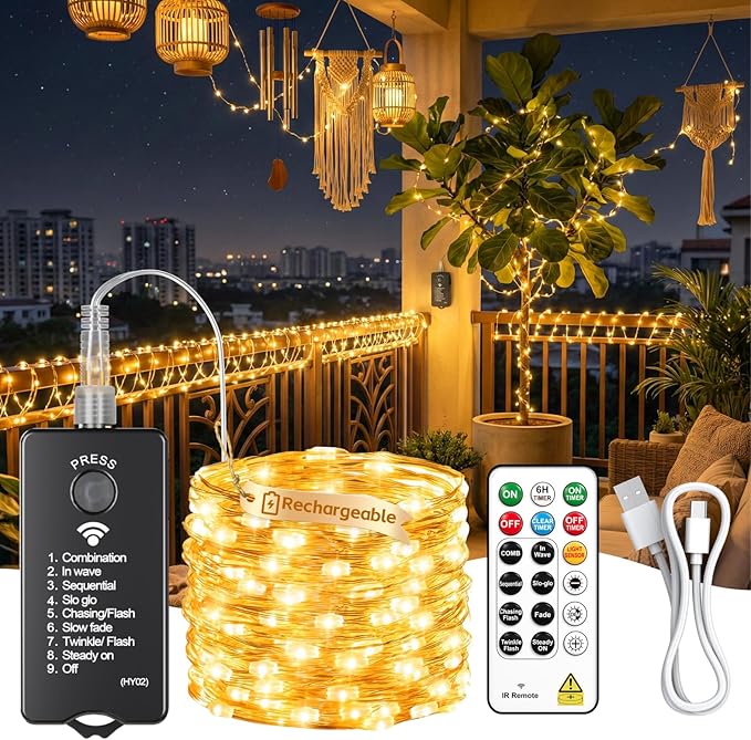 ZSJWL Rechargeable Fairy Lights with Remote，33ft 100 LED Outdoor Battery String Lights with DIY Timer & Light Sensor, Waterproof Dimmable Twinkle Light for Tree Christmas Indoor, Warm White
