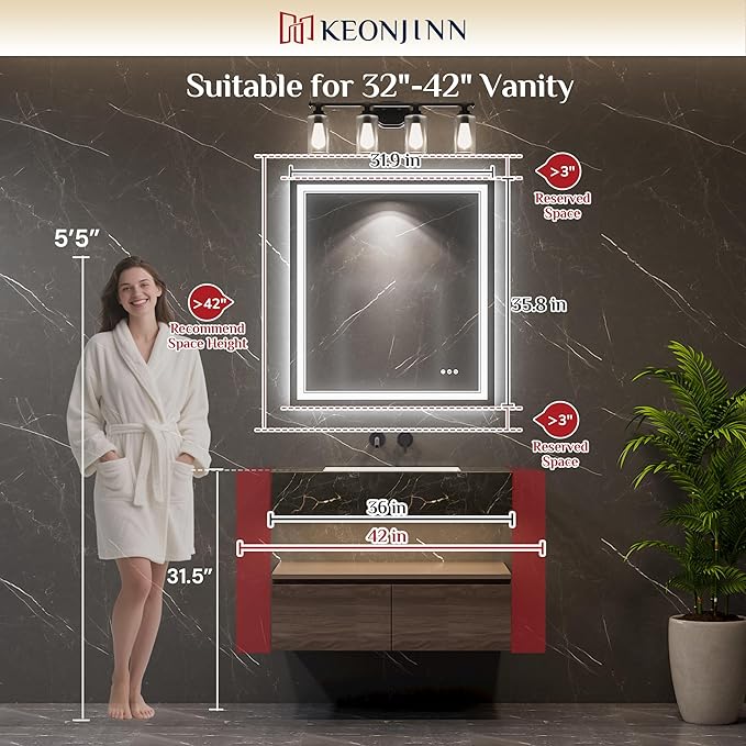 Keonjinn 32 x 36 Inch Lighted Mirrors for Bathroom Wall with Bluetooth Speaker, LED Mirror for Bathroom with Frontlit & Backlit, Tempered Glass, Dimmable 3 Colors Lights, Anti-Fog, Horizontal/Vertical