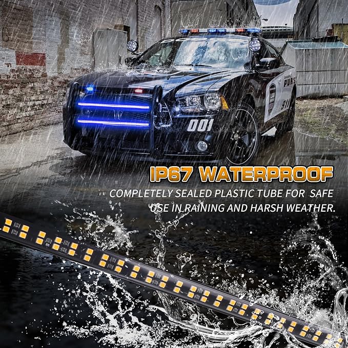XRIDONSEN 2PCS 30 inch Blue Grill Emergency Lights Strip 360 LED Firefighter Police Lights Exterior Front/Rear Grille Strobe Flashing Warning Safety First Responder Lights for Vehicles Trucks Car
