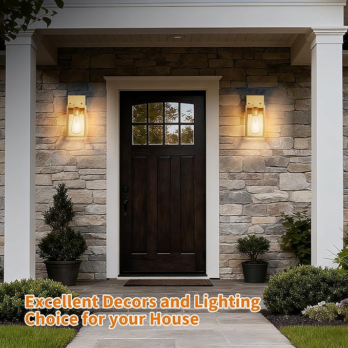 Outdoor Light Fixtures Wall Mount, Waterproof Front Porch Lights, Modern Exterior Lighting Fixtures with E26 Socket, Gold Wall Sconces Lantern Lamp, Outside Lights for House, Garage, Patio (2 Pack）