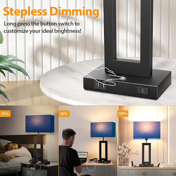 3 Color Temperatures Table Lamps for Bedrooms Set of 2, 22’’ Touch Control Bedside Nightstand Lamps with 2 USB Ports & AC Outlet, Stepless Dimmable Lamps with Blue Shade, Modern Decor for Living Room