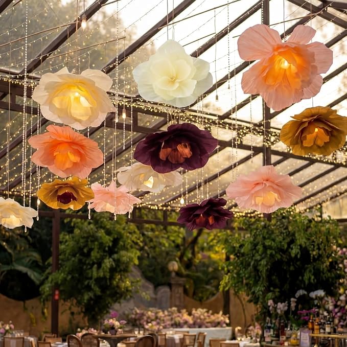 6 Pcs Large Fall Flower Paper Lanterns Decorations 15.7 Inch Boho Tissue Paper Flower with LED Light for Thanksgiving Fall Party Decoration Floral Pendant Lamps for Brithday Bridal Baby Shower
