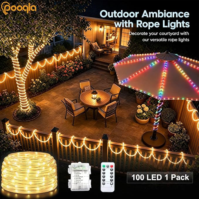 Rope Lights for Outside, 100LED Warm White Battery String Lights | Rope Lights Outdoor with 8 Modes Remote&Timer, Waterproof Battery Operated Camping Lights for Car Trampoline