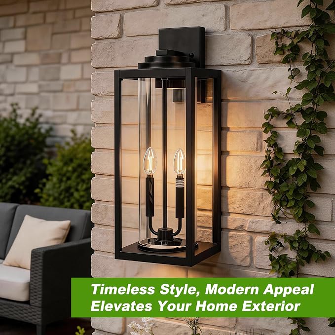 FILIYANO Large 24 Inch Outdoor Wall Light Fixtures, Black, 2-Pack | IP65 Waterproof, Anti Rust, Hardwired, Tempered Glass, E12, 2-light, Modern, Exterior, Porch, Garage and Front Door Lantern