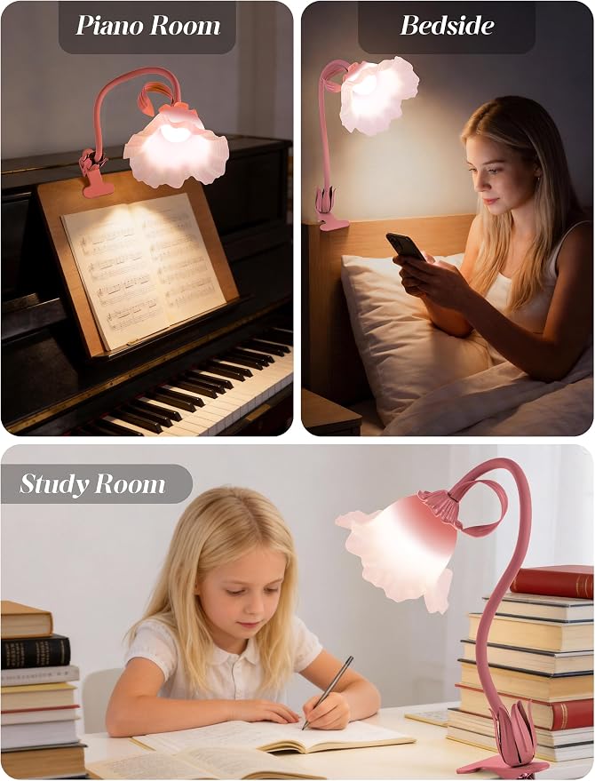 Flower Clip On Desk Lamp for Home and Dorm - Cute Floral Clip On Bedside Book Reading Light, Pink Flower Bunk Bed Lighting, Kawaii Led Flexible Gooseneck Table Lamp for Headboard with Clamp