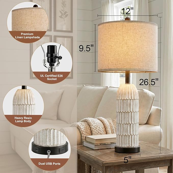 26.5" Bedside Table Lamps Set of 2, Farmhouse Table Lamp with USB A+C Charging Ports,Vintage Nightstand Lamp for Bedrooms and Living Rooms, Retro Resin End Table Lamp with Linen Shade,Black