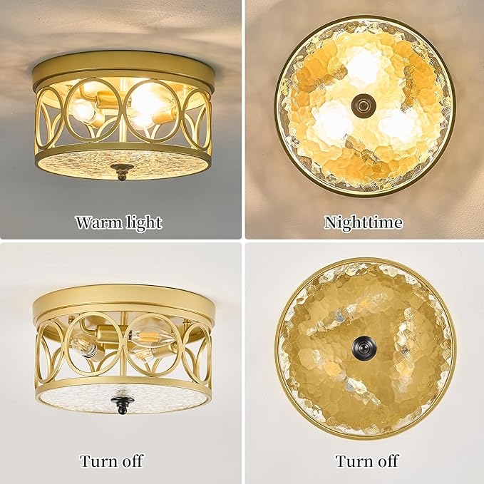 3-Light Flush Mount Ceiling Light Fixtures,11.2in Gold Metal Farmhouse Ceiling Lighting with Clear Glass & E12 Socket,for Kitchen Island, Bedroom, Entryway, Dining Room
