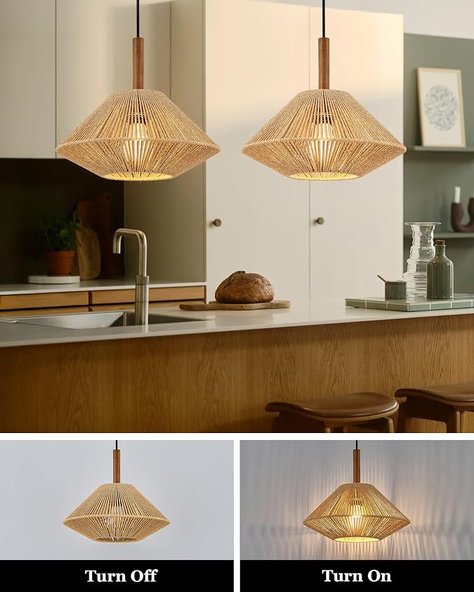 ELYONA 12.6" Boho Pendant Light Fixtures, Rattan Woven Pendant Light with Solid Ash Wood, Hanging Light for Kitchen Island, Farmhouse Ceiling Light for Dining Room Bedroom Living Room