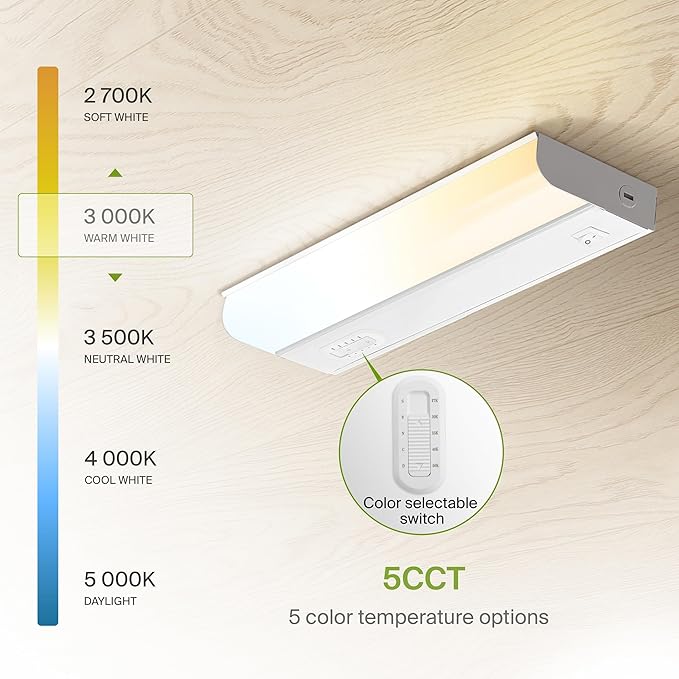 ASD 20 Pack 9 Inch Hardwired LED Under Cabinet Lights, On/Off & 5CCT Switch 2700K-5000K, 4W 337LM CRI90+, Direct Wire Low Profile Linkable Fixture, Dimmable Under Counter Kitchen Lighting, White, UL