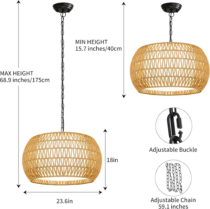 Farmhouse Chandelier Light Fixture,Rattan Boho Chandeliers for Dining Room,Large Pendant Lights Kitchen Island Hanging Light Fixtures Wicker Chandeliers for Bedroom Living Room Kitchen Nursery