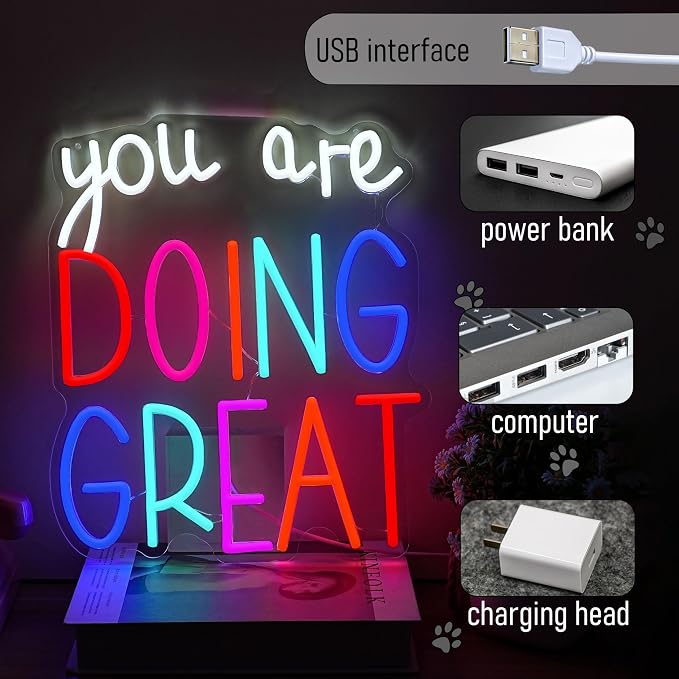 You Are Doing Great Neon Sign Colorful Doing Great Neon LED Light Dimmable Inspirational Letters Light Sign for Wall Decor Living Room Office Club Home(12.6 * 14.96In)