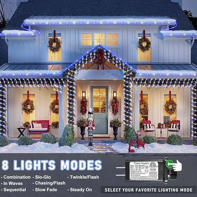 100FT 300 LED Rope Lights for Outside, Connectable Rope Lights Outdoor Waterproof with 8 Modes, Plug in Christmas String Lights for Patio, Deck, Pool, Stair, Camping - Blue White