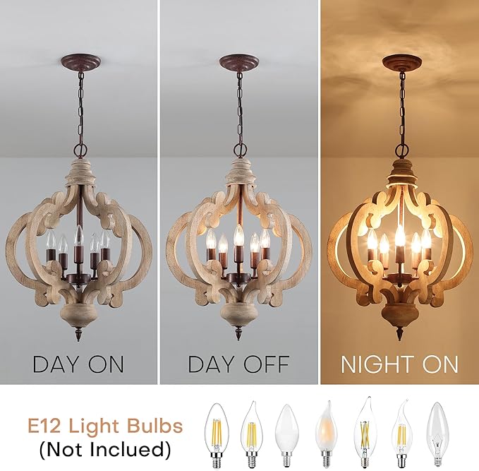 5-Light Farmhouse Chandelier, Rustic Wood and Metal Light Fixture with Distressed White Finish & Rust Accents, Adjustable Height for Dining Room, Kitchen Island, Entryway, Foyer, Bedroom